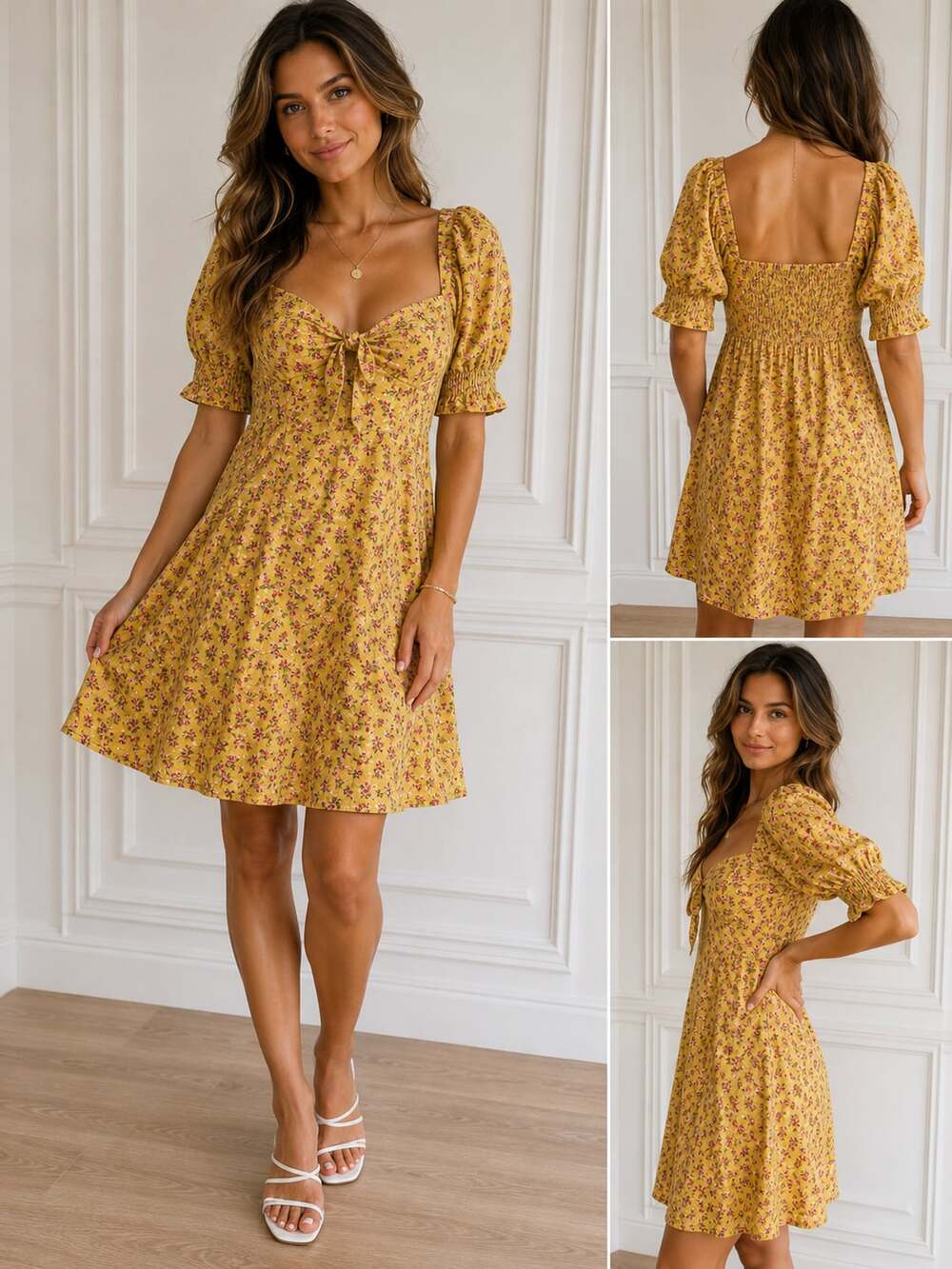 Mimi Chica Yellow Floral Print Tie Front Puff Sleeve Mini Dress